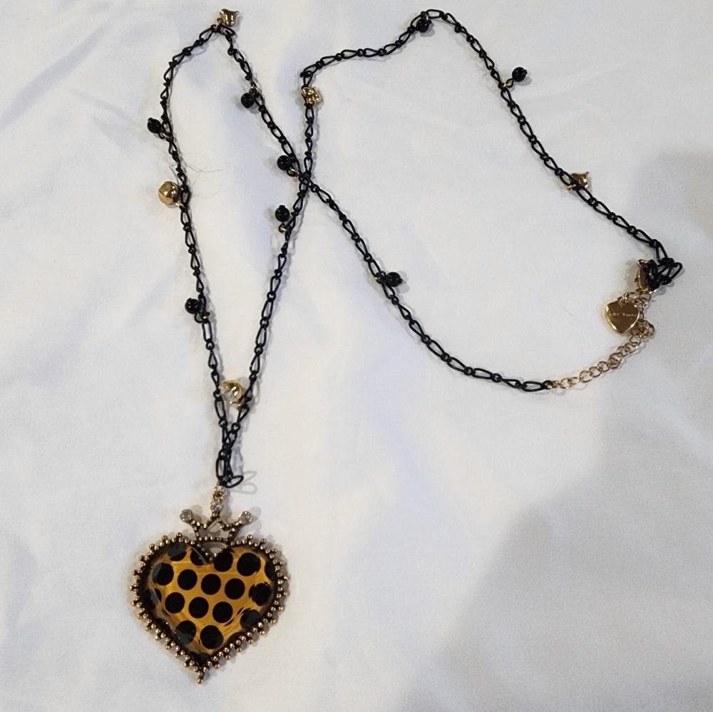 Betsey Johnson Gold tone Leopard crown Rhinestone heart Layered Pendant Necklace